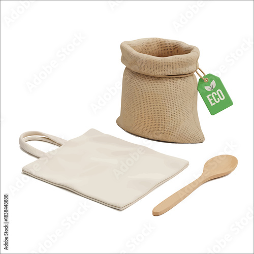 Eco friendly burlap bag reusable tote and wooden spoon on white tote bag reusable bag