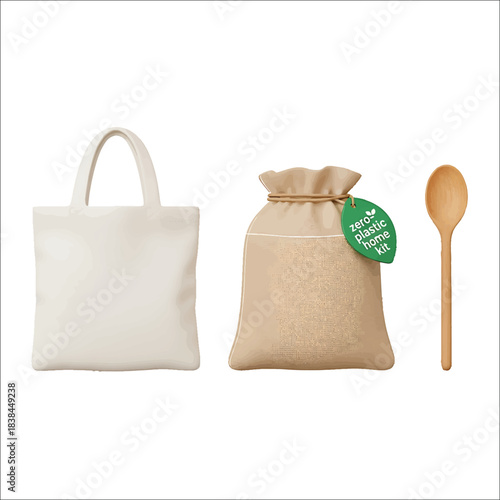 White tote bag burlap pouch and wooden spoon with zero plastic tag reusable bag shopping bag
