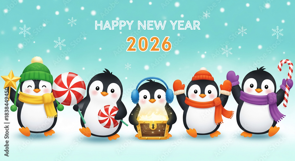 Fototapeta premium Cartoon penguins wearing winter accessories on light blue snowy backdrop with