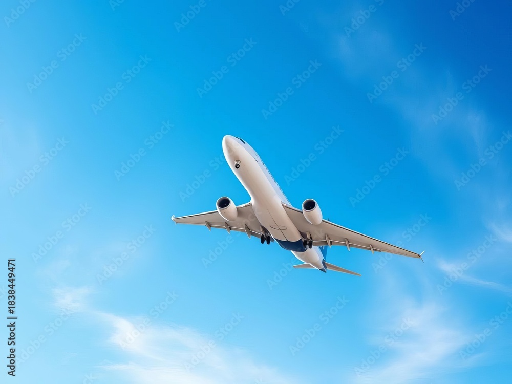 Obraz premium Sleek jetliner soars through vast blue sky on sunny day, passenger, voyage