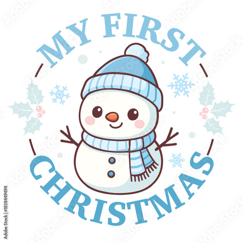 My First Christmas snowman for boy, round frame with snowflakes