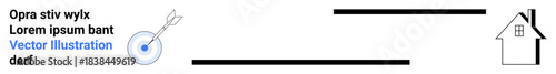 Success, real estate, goals, property investment, achievement, housing market. Arrow hitting target next to a black outlined house. Success and real estate concept