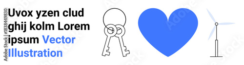 Renewable energy, environmental care, clean energy, secure solutions, sustainability, eco-conscious living. Bold heart, keys and wind turbine beside blue text. Renewable energy and secure solutions