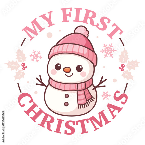 My First Christmas snowman for girl, round frame with snowflakes