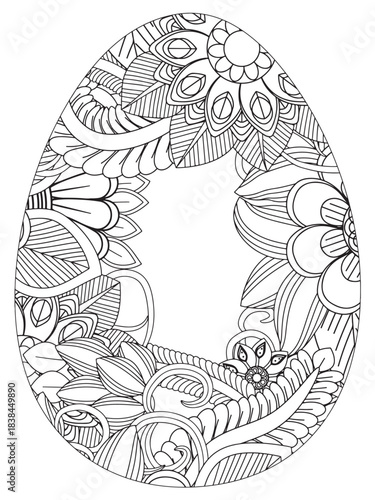 Simple Easter egg illustration decorated with a delicate and clean outline pattern of daisy flowers perfect for coloring pages
