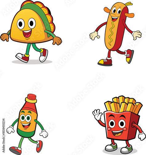 Groovy fast food and soda icon set with retro elements