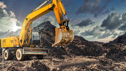 Loader and excavator work at construction site to transport dirt across rough ground. Heavy machinery operates under a cloudy sky near open fields.