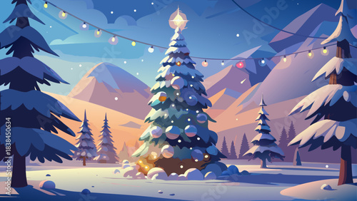 Very beautiful snowy pine tree decorated with soft winter lights, gentle ornaments, and delicate shimmering frost, standing peacefully in a calm cold landscape, creating a serene and festive seasonal 