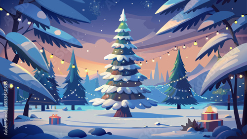 Very beautiful snowy pine tree decorated with soft winter lights, gentle ornaments, and delicate shimmering frost, standing peacefully in a calm cold landscape, creating a serene and festive seasonal 