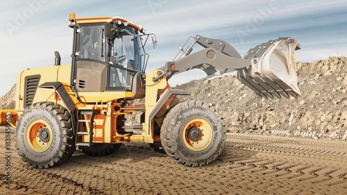 Loader lifts soil while excavator digs at construction site. Machinery moves material across rough terrain in a busy work area.