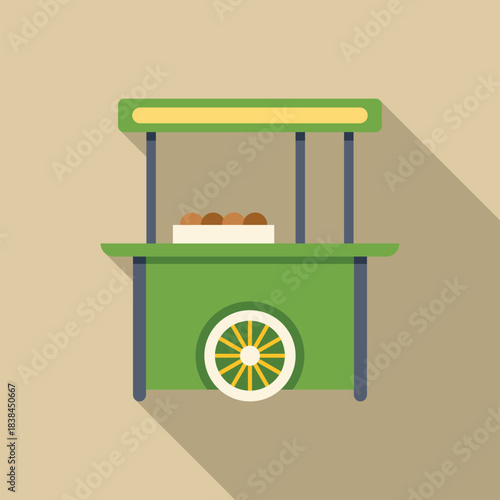 Food cart standing on wheels selling street snacks with long shadow