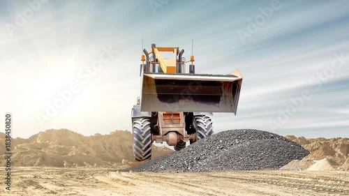 Loader moves gravel to a construction site and offloads it onto the ground. The machine works under clear skies during daytime.