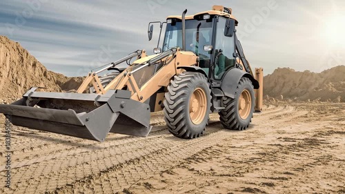 A loader and excavator are working to prepare an area for transport. The machines move dirt and reshape the ground under a sunny sky near mountains.