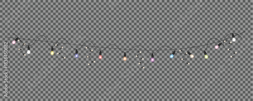 Realistic colorful glowing string lights garland on transparent background. Festive hanging bulbs for decoration	