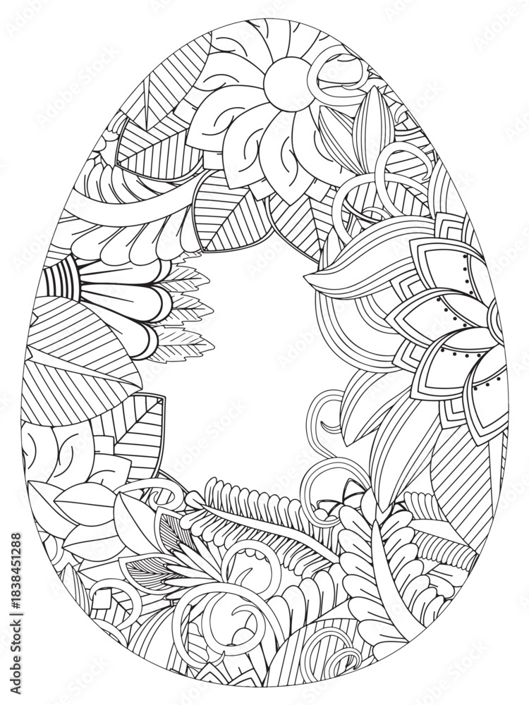 Fototapeta premium Simple Easter egg illustration decorated with a delicate and clean outline pattern of daisy flowers perfect for coloring pages