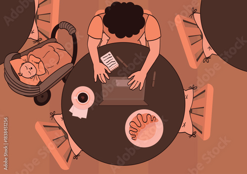 Mother with child working in a coffee shop