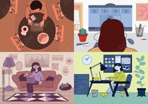 Scenes from the life of a girl student who works and studies remotely