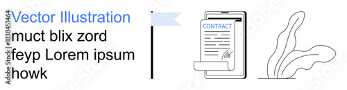 Digital contracts, remote work, legal agreements, document signing, business organization, communication. A document titled Contract with a signature icon and decorative elements. Digital contracts