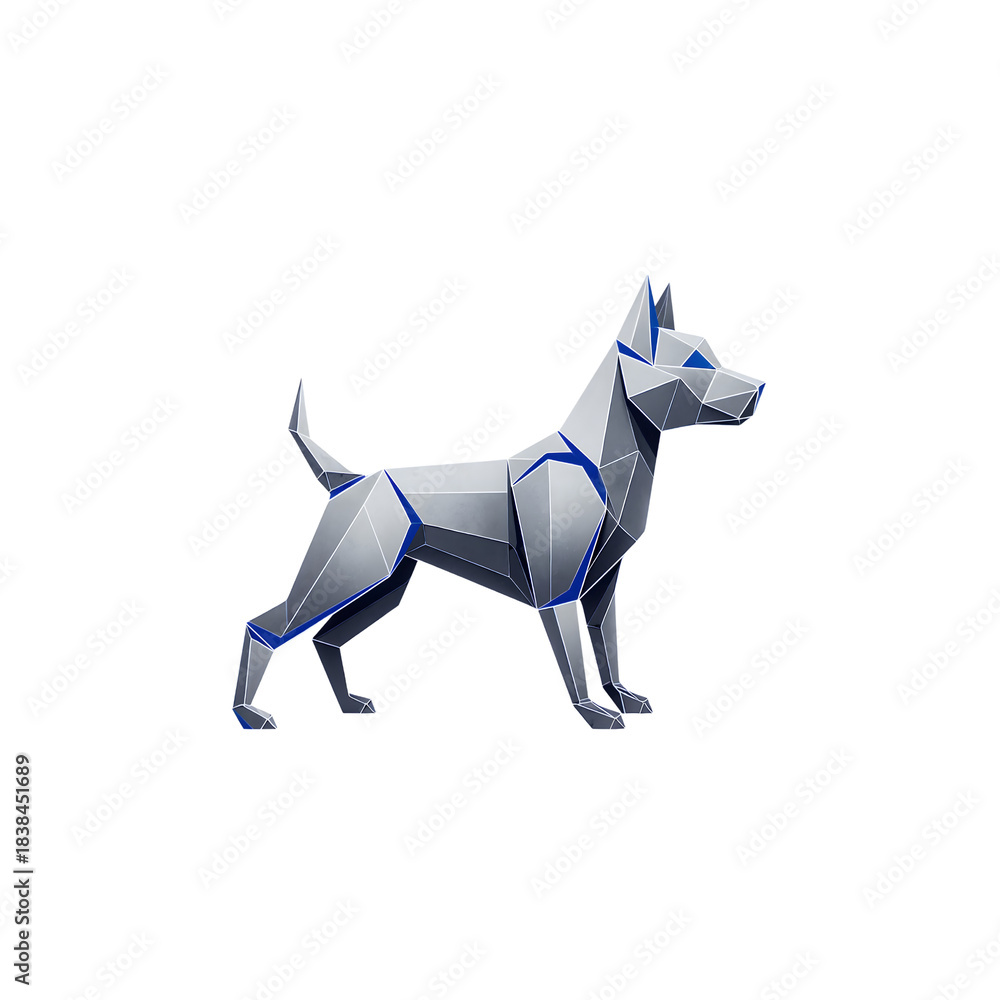 Obraz premium A geometric, low-poly style illustration of a dog in shades of silver and gray, accented with blue lines.