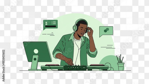 Energetic young DJ mixing music tracks on professional gear creating vibrant electronic beats