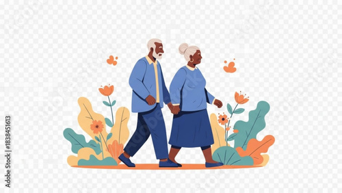 Loving elderly African American couple enjoys a peaceful autumn walk holding hands among vibrant stylized flowers