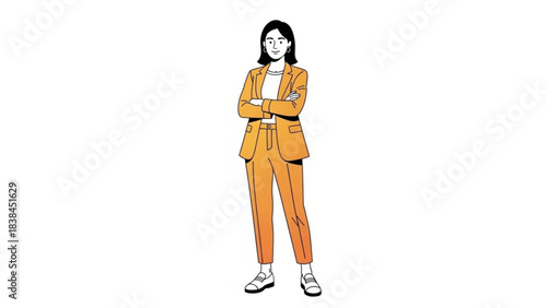 Confident businesswoman standing strong in modern orange power suit with arms crossed ready for success