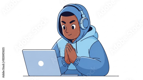 Focused young person wearing headphones and hoodie concentrating while working on a laptop