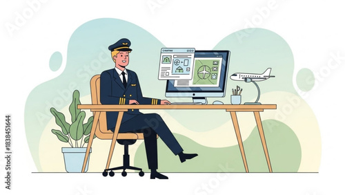 Professional airline pilot planning flight routes on computer with airplane model nearby