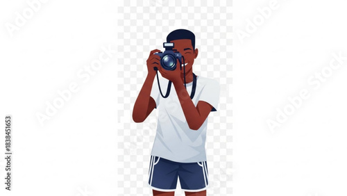 Joyful young Black man happily taking pictures with a professional DSLR camera and flash