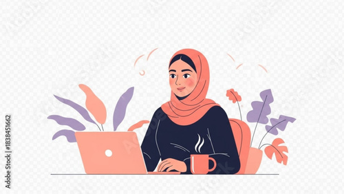 Confident Muslim businesswoman working remotely on laptop surrounded by vibrant modern home office plants