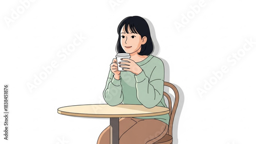Young woman enjoying a warm beverage while sitting alone at a small cafe table with a gentle smile