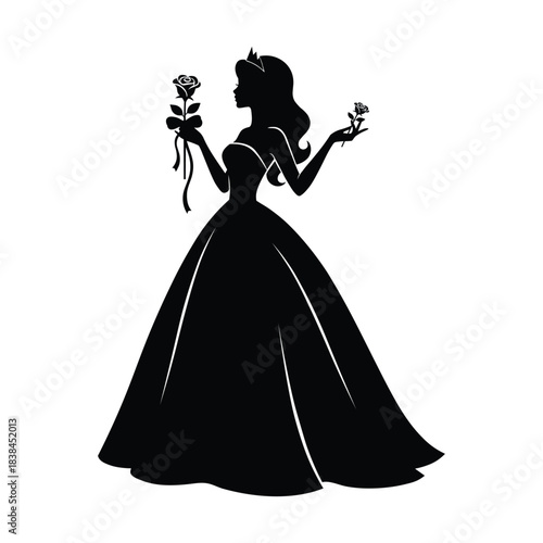 Elegant princess silhouette holding flowers in a ball gown silhouette