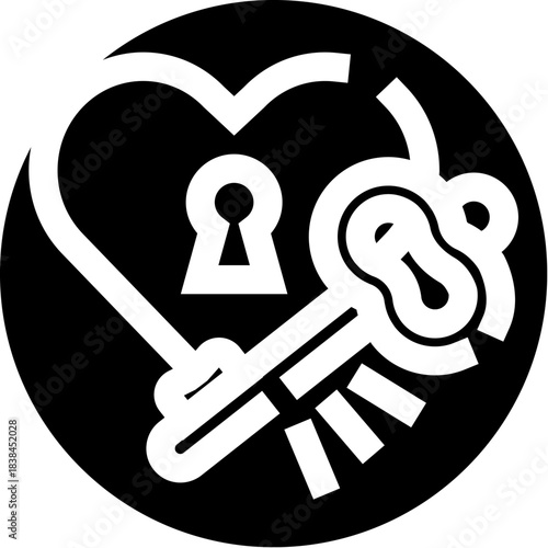 Heart and keylock in black and white icon