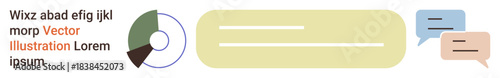 Data analysis, business communication, user training, content creation, infographic publishing, teamwork. Pie chart and dialogue bubbles with text area. Communication and business concepts