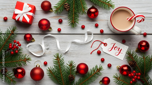 Festive Christmas background with fir branches, red and gold ornaments, and New Year decorations