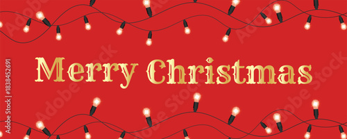 Christmas greeting banner with glowing string lights on red background and golden Merry Christmas text holiday illustration