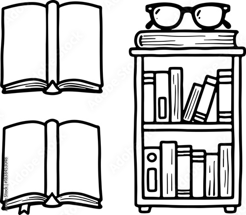 Hand drawn book and bookshelf set icon, book outline