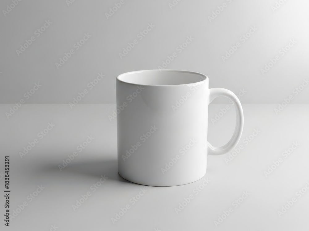 Obraz premium Simple white ceramic coffee mug on light background, copy space