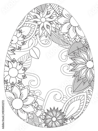 Simple Easter egg illustration decorated with a delicate and clean outline pattern of daisy flowers perfect for coloring pages