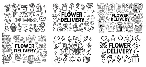 Flower delivery icons and illustrations set