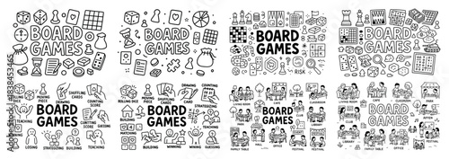 Board games collection with dice and playing cards