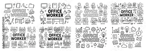 Office work icons and activities in line art