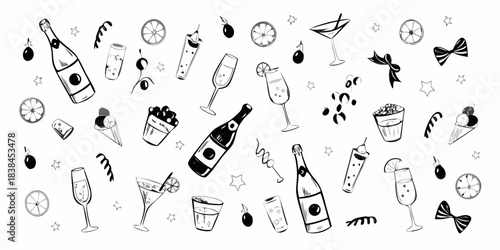 A playful arrangement of champagne cocktails citrus and celebratory elements