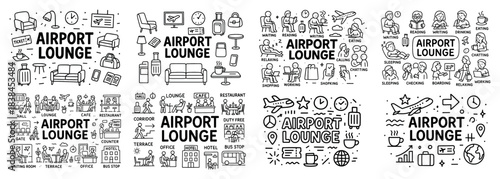 Airport lounge doodles with travel icons and activities