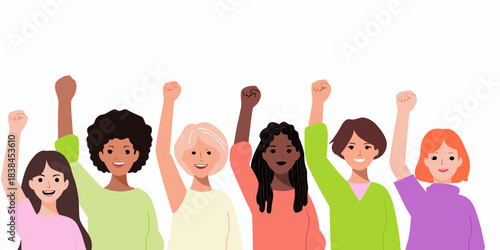 Diverse group of women celebrating with raised fists in a colorful illustration