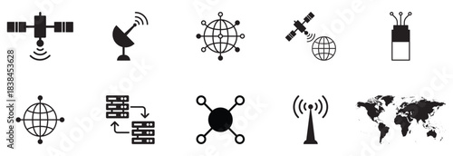 Digital Global Network & Connectivity Linear Icon Set – Globe, Satellite, Data Transfer, Fiber Optic, Communication Signals & Technology Symbols