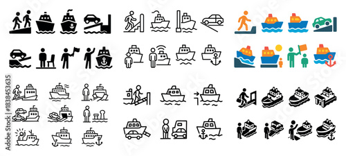 Ferry transportation icons set collection