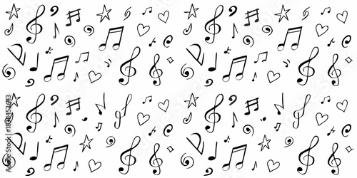 A whimsical pattern of black and white musical notes and symbols