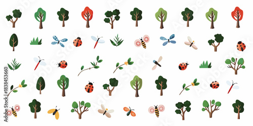 Colorful cartoon trees insects and foliage elements arranged on a white background