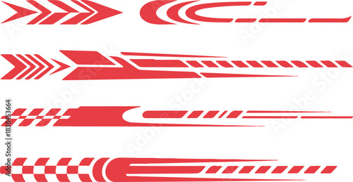 Racing cars and race car stripes set. Checkered flag, motocross labels, dynamic lines, motorsport, racing stripe speed, sport decals, tuning stickers